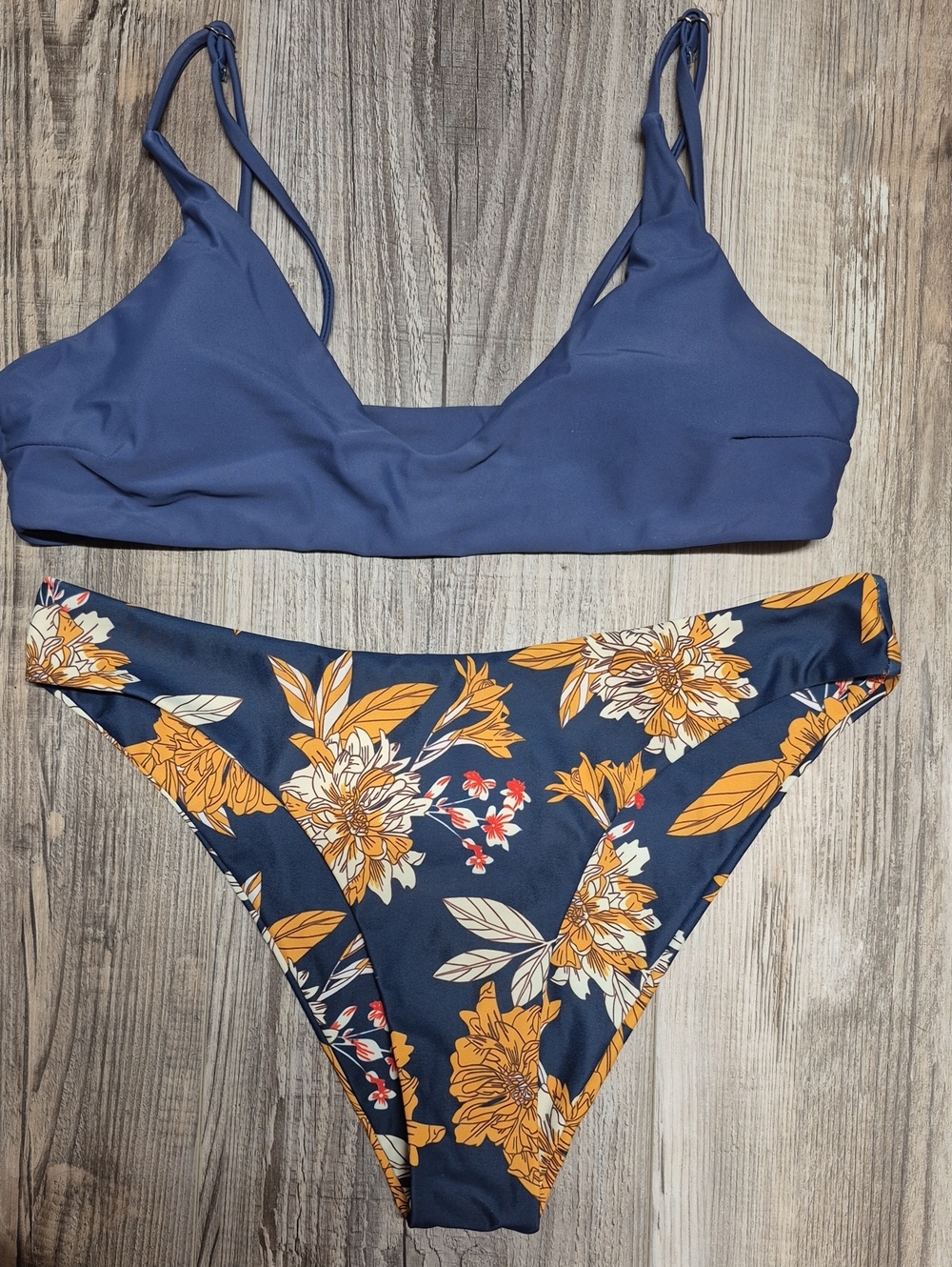 Zaful Navy Bralette Bikini Top with Mustard Floral High-Cut Bottoms